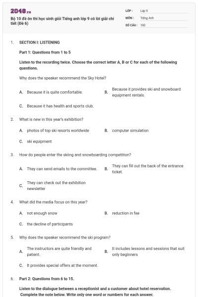 Bộ 10 đề ôn thi học sinh giỏi Tiếng anh lớp 9 có lời giải chi tiết (Đề 6)