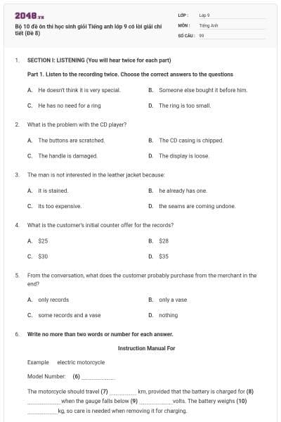 Bộ 10 đề ôn thi học sinh giỏi Tiếng anh lớp 9 có lời giải chi tiết (Đề 8)