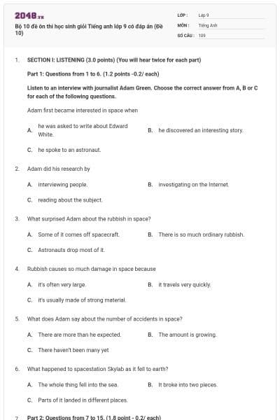 Bộ 10 đề ôn thi học sinh giỏi Tiếng anh lớp 9 có đáp án (Đề 10)