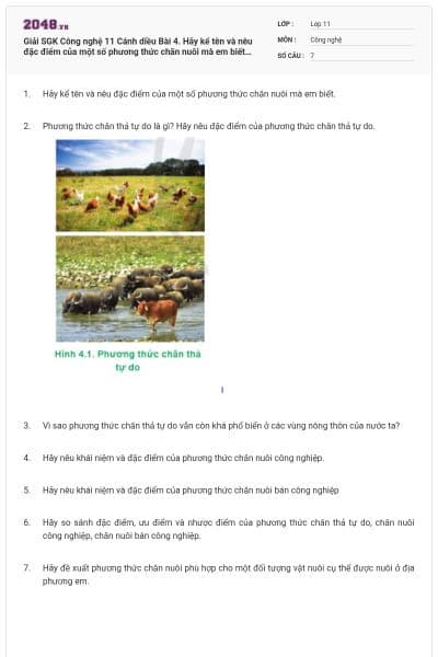 Giải SGK Công nghệ 11 Cánh diều Bài 4. Hãy kể tên và nêu đặc điểm của một số phương thức chăn nuôi mà em biết có đáp án