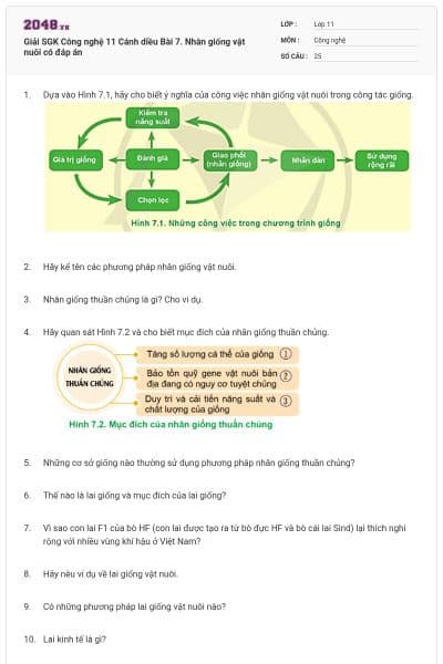Giải SGK Công nghệ 11 Cánh diều Bài 7. Nhân giống vật nuôi có đáp án