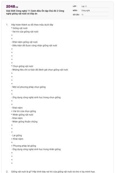 Giải SGK Công nghệ 11 Cánh diều Ôn tập Chủ đề 2 Công nghệ giống vật nuôi có đáp án
