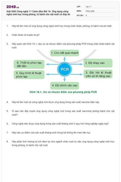 Giải SGK Công nghệ 11 Cánh diều Bài 16. Ứng dụng công nghệ sinh học trong phòng, trị bệnh cho vật nuôi có đáp án