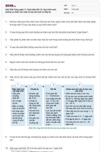 Giải SGK Công nghệ 11 Cánh diều Bài 18. Quy trình nuôi dưỡng và chăm sóc một số loại vật nuôi có đáp án
