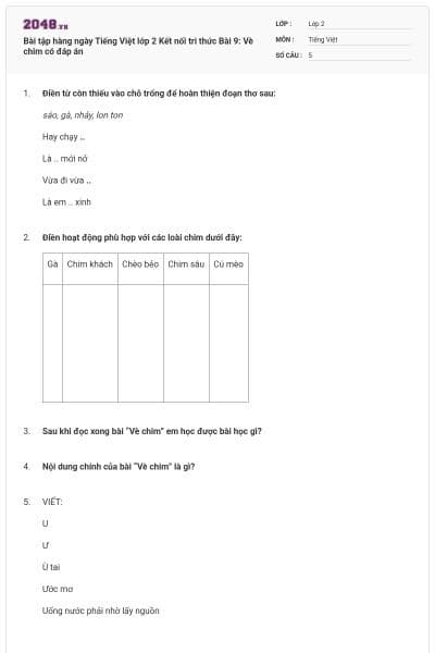 Bài tập hàng ngày Tiếng Việt lớp 2 Kết nối tri thức Bài 9: Vè chim có đáp án