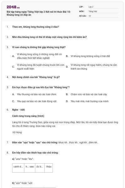 Bài tập hàng ngày Tiếng Việt lớp 2 Kết nối tri thức Bài 10: Khủng long có đáp án