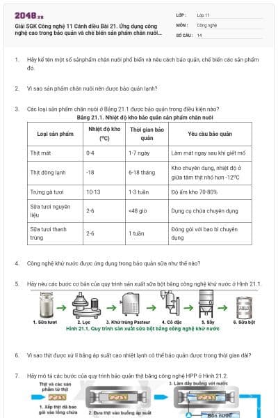 Giải SGK Công nghệ 11 Cánh diều Bài 21. Ứng dụng công nghệ cao trong bảo quản và chế biến sản phẩm chăn nuôi có đáp án
