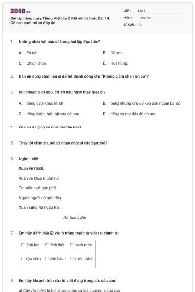 Bài tập hàng ngày Tiếng Việt lớp 2 Kết nối tri thức Bài 14: Cỏ non cười rồi có đáp án