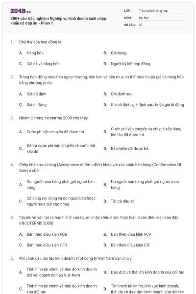 200+ câu trắc nghiệm Nghiệp vụ kinh doanh xuất nhập khẩu có đáp án - Phần 1