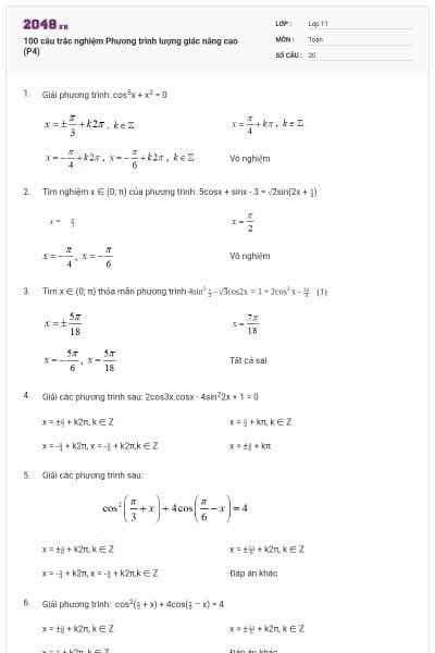 100 câu trắc nghiệm Phương trình lượng giác nâng cao (P4)