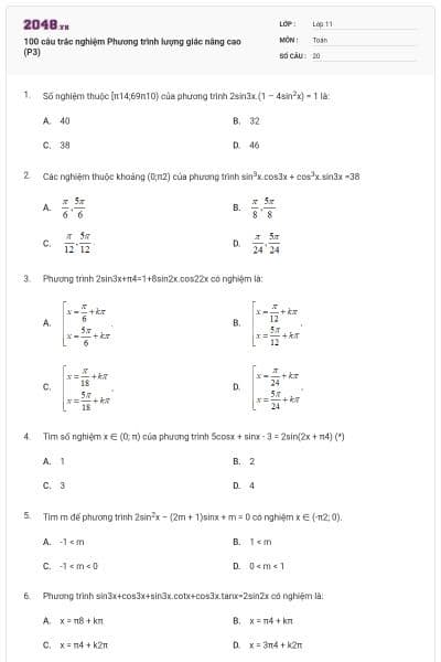 100 câu trắc nghiệm Phương trình lượng giác nâng cao (P3)
