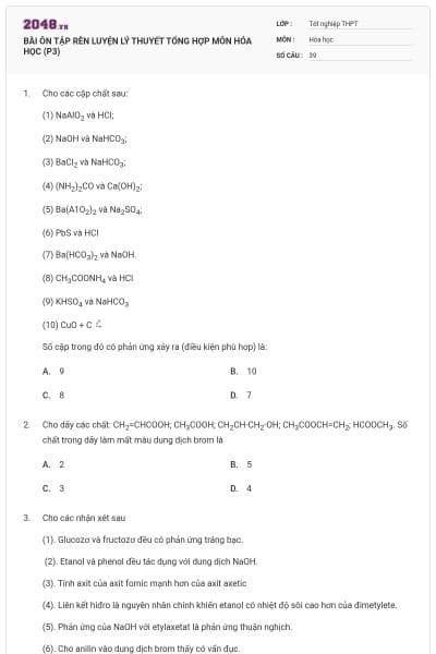 BÀI ÔN TẬP RÈN LUYỆN LÝ THUYẾT TỔNG HỢP MÔN HÓA HỌC (P3)
