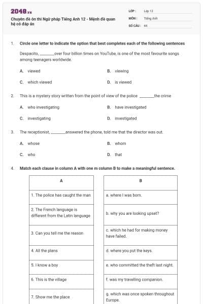 Chuyên đề ôn thi Ngữ pháp Tiếng Anh 12 - Mệnh đề quan hệ có đáp án