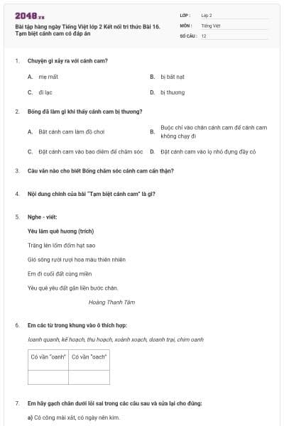 Bài tập hàng ngày Tiếng Việt lớp 2 Kết nối tri thức Bài 16. Tạm biệt cánh cam có đáp án