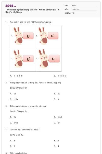 10 câu Trắc nghiệm Tiếng Việt lớp 1 Kết nối tri thức Bài 13: U u Ư ư có đáp án