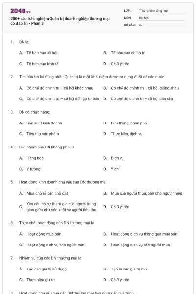 200+ câu trắc nghiệm Quản trị doanh nghiệp thương mại có đáp án - Phần 3