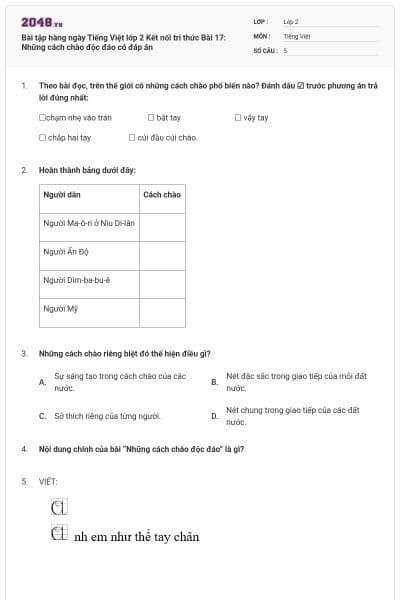 Bài tập hàng ngày Tiếng Việt lớp 2 Kết nối tri thức Bài 17: Những cách chào độc đáo có đáp án