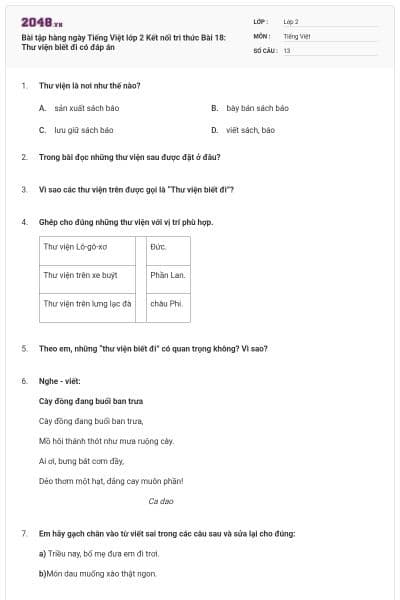 Bài tập hàng ngày Tiếng Việt lớp 2 Kết nối tri thức Bài 18: Thư viện biết đi có đáp án
