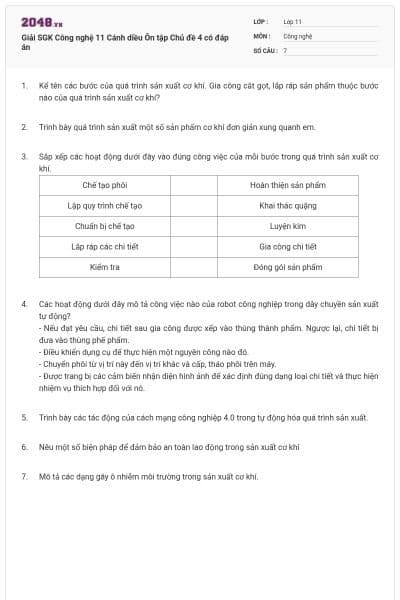 Giải SGK Công nghệ 11 Cánh diều Ôn tập Chủ đề 4 có đáp án