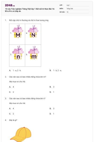 10 câu Trắc nghiệm Tiếng Việt lớp 1 Kết nối tri thức Bài 16: M m N n có đáp án