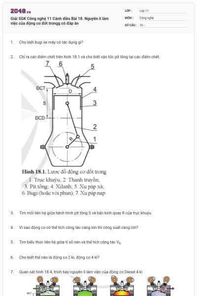 Giải SGK Công nghệ 11 Cánh diều Bài 18. Nguyên lí làm việc của động cơ đốt trongg có đáp án