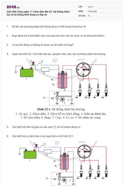 Giải SGK Công nghệ 11 Cánh diều Bài 22. Hệ thống đánh lửa và hệ thống khởi động có đáp án