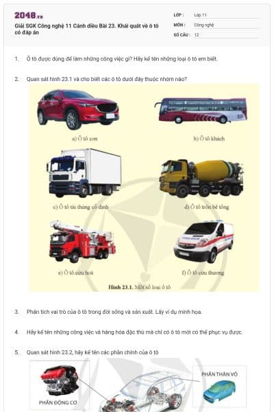Giải SGK Công nghệ 11 Cánh diều Bài 23. Khái quát về ô tô có đáp án