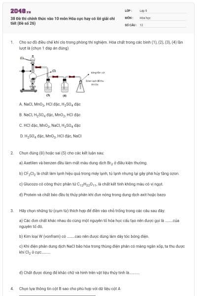 38 Đề thi chính thức vào 10 môn Hóa cực hay có lời giải chi tiết (Đề số 26)