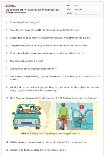 Giải SGK Công nghệ 11 Cánh diều Bài 27. Sử dụng và bảo dưỡng ô tô có đáp án