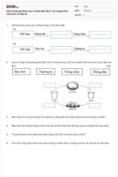 Giải Vở bài tập Khoa học  4 Cánh diều Bài 2. Sự chuyển thể của nước có đáp án