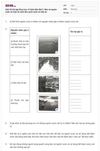 Giải Vở bài tập Khoa học  4 Cánh diều Bài 3. Bảo vệ nguồn nước và một số cách làm sạch nước có đáp án
