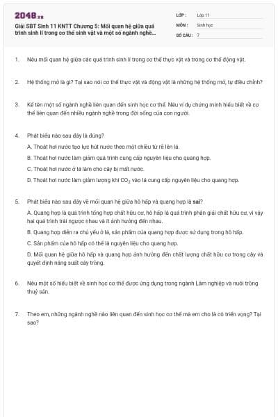 Giải SBT Sinh 11 KNTT Chương 5: Mối quan hệ giữa quá trình sinh lí trong cơ thể sinh vật và một số ngành nghề liên quan đến sinh học cơ thể có đáp án