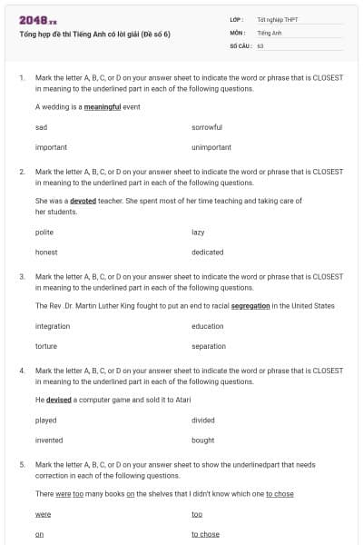 Tổng hợp đề thi Tiếng Anh có lời giải (Đề số 6)