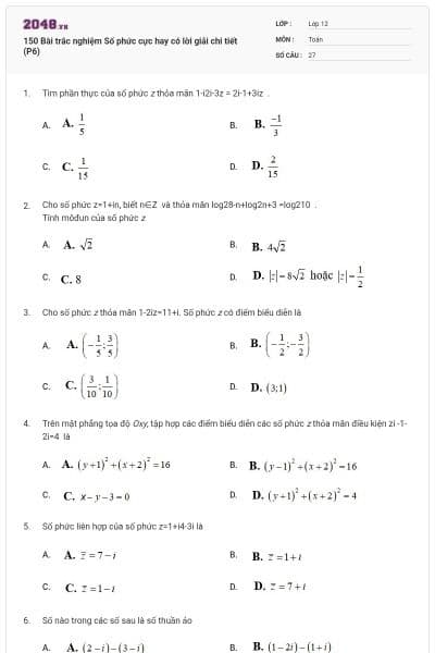150 Bài trắc nghiệm Số phức cực hay có lời giải chi tiết (P6)