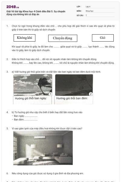 Giải Vở bài tập Khoa học  4 Cánh diều Bài 5. Sự chuyển động của không khí có đáp án