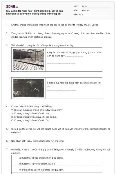 Giải Vở bài tập Khoa học  4 Cánh diều Bài 6. Vai trò của không khí và bảo vệ môi trường không khí có đáp án