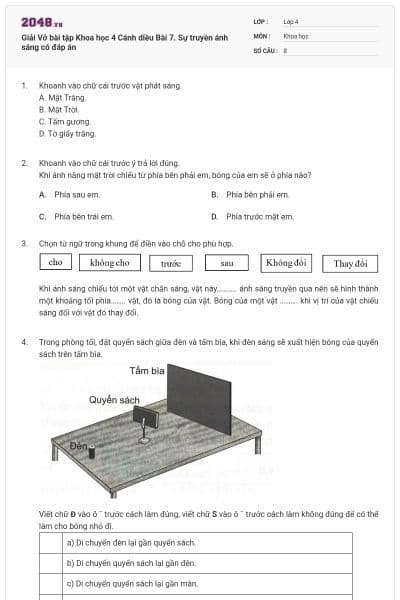 Giải Vở bài tập Khoa học  4 Cánh diều Bài 7. Sự truyền ánh sáng có đáp án