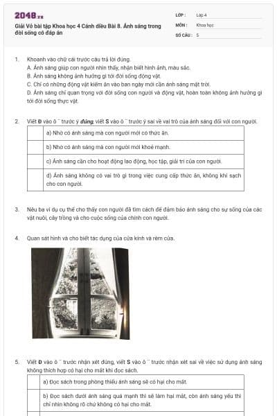 Giải Vở bài tập Khoa học  4 Cánh diều Bài 8. Ánh sáng trong đời sống có đáp án