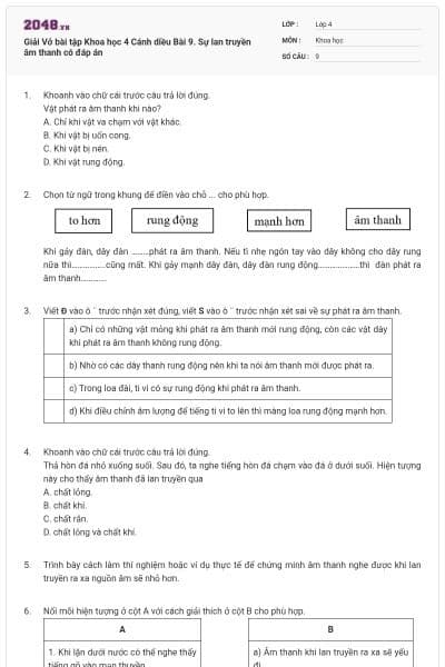 Giải Vở bài tập Khoa học  4 Cánh diều Bài 9. Sự lan truyền âm thanh có đáp án