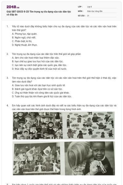 Giải SBT GDCD 8 CD Tôn trọng sự đa dạng của các dân tộc có đáp án