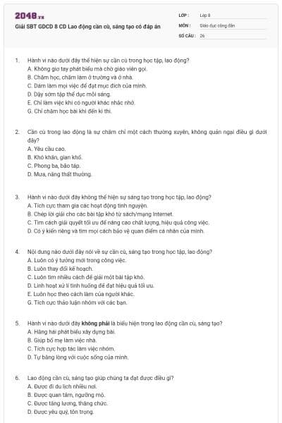 Giải SBT GDCD 8 CD Lao động cần cù, sáng tạo có đáp án