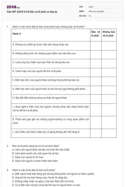 Giải SBT GDCD 8 CD Bảo vệ lẽ phải có đáp án
