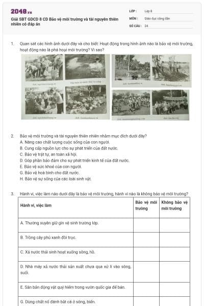 Giải SBT GDCD 8 CD Bảo vệ môi trường và tài nguyên thiên nhiên có đáp án