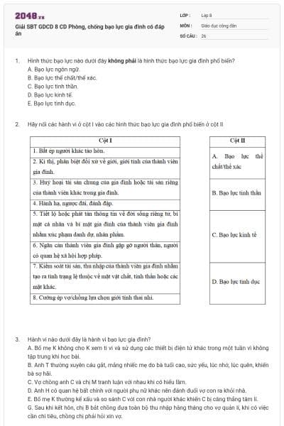 Giải SBT GDCD 8 CD Phòng, chống bạo lực gia đình có đáp án