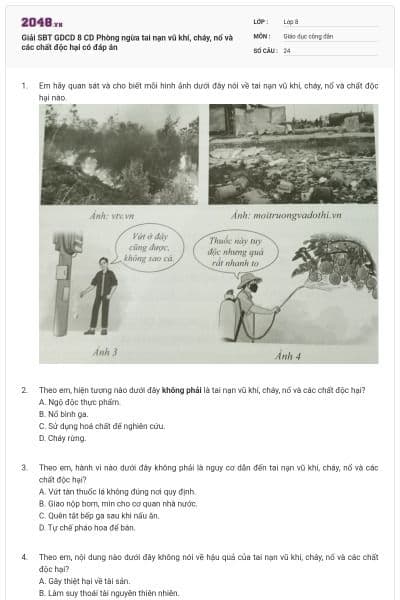 Giải SBT GDCD 8 CD Phòng ngừa tai nạn vũ khí, cháy, nổ và các chất độc hại có đáp án