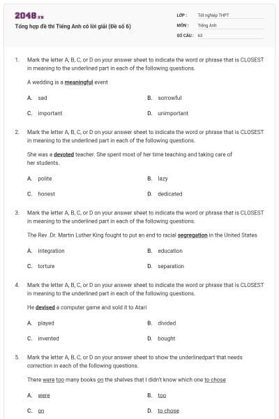 Tổng hợp đề thi Tiếng Anh có lời giải (Đề số 6)