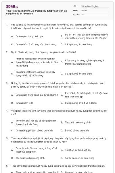 1000+ câu trắc nghiệm Môi trường xây dựng và an toàn lao động có đáp án - Phần 95