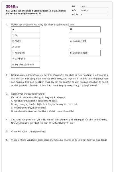 Giải Vở bài tập Khoa học 4 Cánh diều Bài 12. Vật dẫn nhiệt tốt và vật dẫn nhiệt kém có đáp án