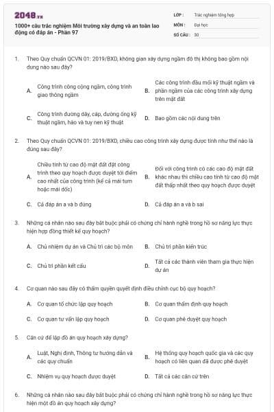 1000+ câu trắc nghiệm Môi trường xây dựng và an toàn lao động có đáp án - Phần 97