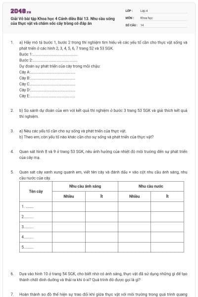 Giải Vở bài tập Khoa học 4 Cánh diều Bài 13. Nhu cầu sống của thực vật và chăm sóc cây trồng có đáp án